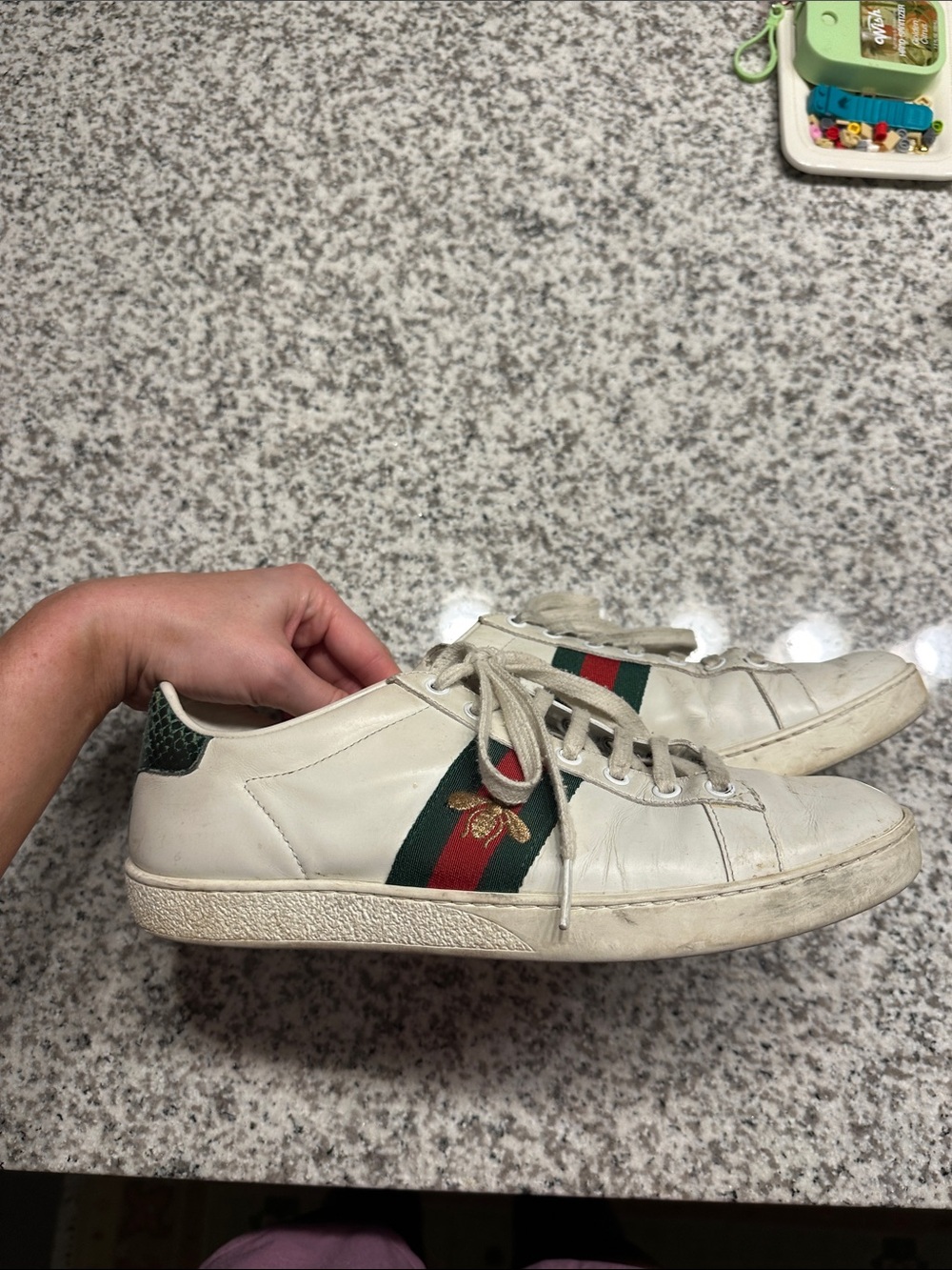 Gucci White Leather Sneakers with Green & Red Web Stripe with Bee